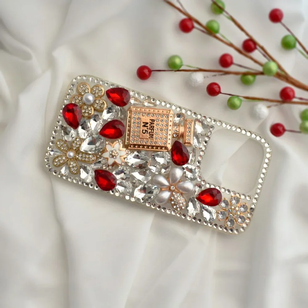 Diamond Encrusted Silicone Red iPhone case with Perfume bottle - iPhone 14/13